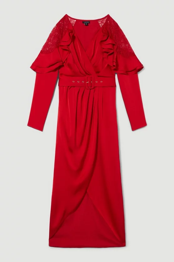 Top 10 😀 Karen Millen Satin And Lace Ruffle Woven Midaxi 👗 Dress - raspberry 🛒 6 Top 10 😀 Karen Millen Satin And Lace Ruffle Woven Midaxi 👗 Dress - raspberry 🛒 - Image 4