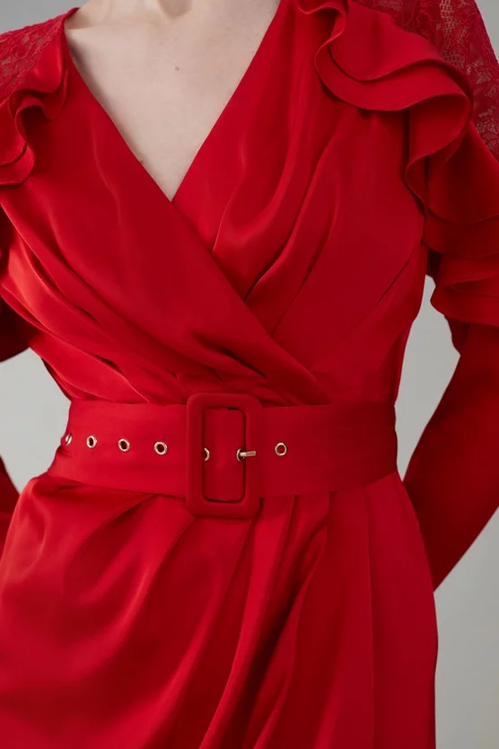 Top 10 😀 Karen Millen Satin And Lace Ruffle Woven Midaxi 👗 Dress - raspberry 🛒 7 Top 10 😀 Karen Millen Satin And Lace Ruffle Woven Midaxi 👗 Dress - raspberry 🛒 - Image 5