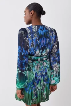 Brand new ⭐ Karen Millen Plus Size Mirrored Ombre Floral Pleat Drama Woven Mini 👗 Dress - blue 🛒 -Occasionwear Popular Store bkk08069 blue xl 2