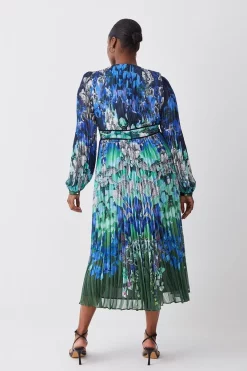 Discount 🛒 Karen Millen Plus Size Mirrored Ombre Floral Pleat Drama Woven Midi 👗 Dress - blue 😀 -Occasionwear Popular Store bkk08070 blue xl 2