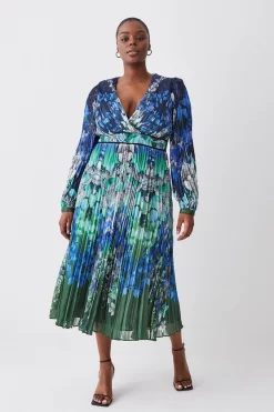 Discount 🛒 Karen Millen Plus Size Mirrored Ombre Floral Pleat Drama Woven Midi 👗 Dress - blue 😀 -Occasionwear Popular Store bkk08070 blue xl 4