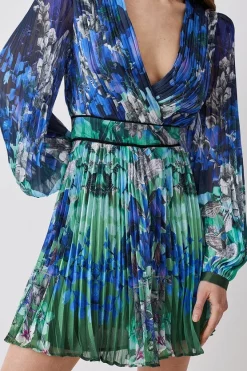 Budget 🧨 Karen Millen Mirrored Ombre Floral Pleat Drama Woven Mini 👗 Dress - blue 🔥 -Occasionwear Popular Store bkk08071 blue xl 4