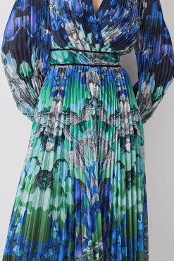 Outlet ✔️ Karen Millen Mirrored Ombre Floral Pleat Drama Woven Midi 👗 Dress - blue ❤️ -Occasionwear Popular Store bkk08075 blue xl 4
