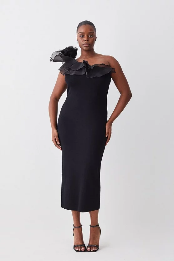 Outlet ๐ Karen Millen Plus Size One Shoulder Organza Flower Detail Knit Midi ๐ Dress - black โญ 3 Outlet ๐ Karen Millen Plus Size One Shoulder Organza Flower Detail Knit Midi ๐ Dress - black โญ