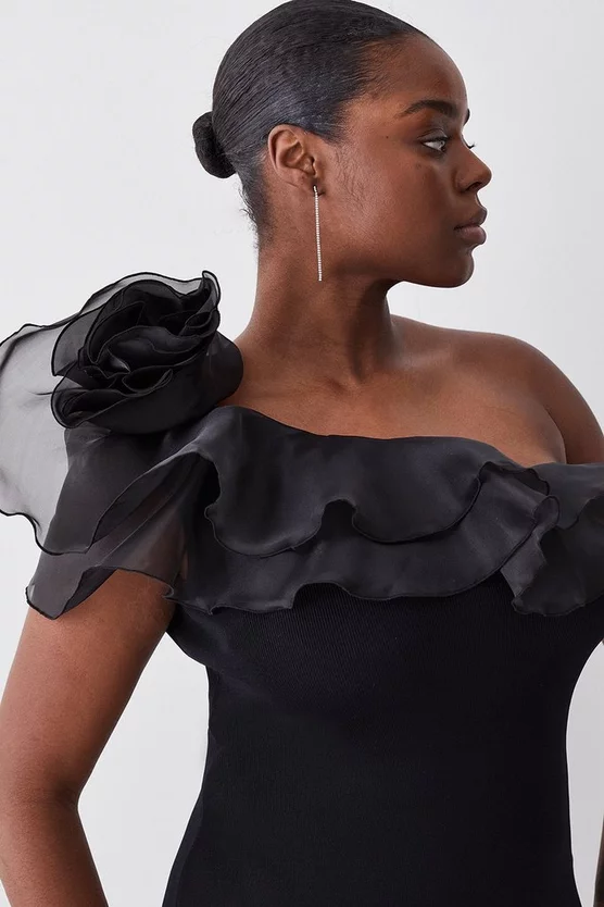 Outlet ๐ Karen Millen Plus Size One Shoulder Organza Flower Detail Knit Midi ๐ Dress - black โญ 4 Outlet ๐ Karen Millen Plus Size One Shoulder Organza Flower Detail Knit Midi ๐ Dress - black โญ - Image 2