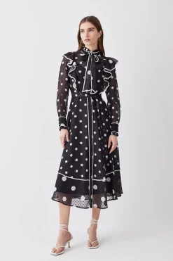 Buy โจ Karen Millen Mono Mixed Dot Piped Ruffle Georgette Midi ๐ Dress ๐งจ