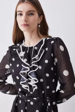 Discount 😍 Karen Millen Mono Mixed Dot Piped Ruffle Belted Mini 👗 Dress ❤️ -Occasionwear Popular Store bkk08096 mono xl 1
