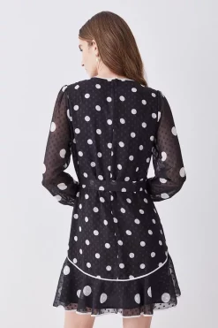 Discount 😍 Karen Millen Mono Mixed Dot Piped Ruffle Belted Mini 👗 Dress ❤️ -Occasionwear Popular Store bkk08096 mono xl 2
