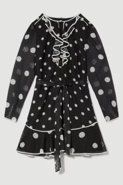Discount 😍 Karen Millen Mono Mixed Dot Piped Ruffle Belted Mini 👗 Dress ❤️ -Occasionwear Popular Store bkk08096 mono xl 3