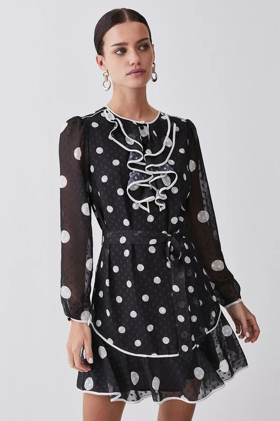 Best Sale ⌛ Karen Millen Tall Mono Mixed Dot Piped Ruffle Belted Mini 👗 Dress 🛒 3 Best Sale ⌛ Karen Millen Tall Mono Mixed Dot Piped Ruffle Belted Mini 👗 Dress 🛒