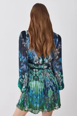 Budget 🔔 Karen Millen Petite Mirrored Ombre Floral Pleat Drama Woven Mini 👗 Dress - blue ✨ -Occasionwear Popular Store bkk08126 blue xl 2