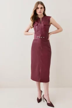 Budget 👍 Karen Millen Tall Leather Snaffle Trim Pencil Midi 👗 Dress - berry 👏