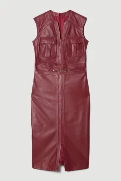 Budget 👍 Karen Millen Tall Leather Snaffle Trim Pencil Midi 👗 Dress - berry 👏 -Occasionwear Popular Store bkk08133 berry xl 3