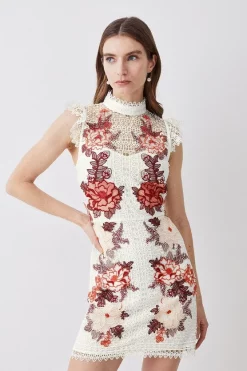 New ⭐ Karen Millen Rose Guipure Lace Embroidered Mini 👗 Dress 👍