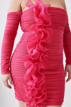 Best reviews of ✔️ Karen Millen Plus Size Ponte Mesh Rouched Organza Frill Bardot Mini 👗 Dress - pink 🧨 -Occasionwear Popular Store bkk08198 pink xl 4