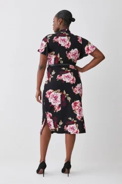 Hot Sale ⌛ Karen Millen Plus Size Belted Viscose Blend Long Sleeve Jersey Midi 👗 Dress 🔥 -Occasionwear Popular Store bkk08207 floral xl 2