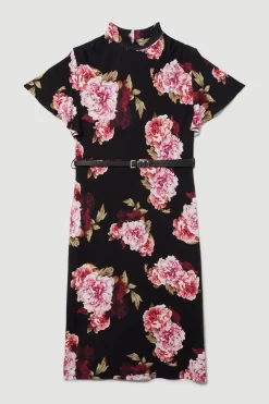 Hot Sale ⌛ Karen Millen Plus Size Belted Viscose Blend Long Sleeve Jersey Midi 👗 Dress 🔥 -Occasionwear Popular Store bkk08207 floral xl 3