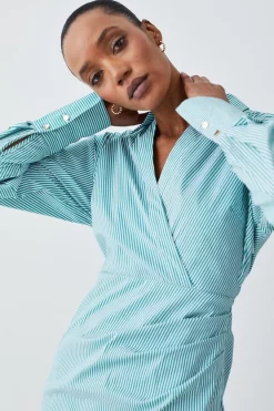 Coupon 👏 Karen Millen Cotton Stripe Wrap Detail Mini 👚 Shirt 👗 Dress - green 🔔 -Occasionwear Popular Store bkk08249 green xl 2