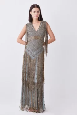 Best deal ๐ Karen Millen Petite Beaded Fringed Woven Maxi ๐ Dress - sage ๐คฉ