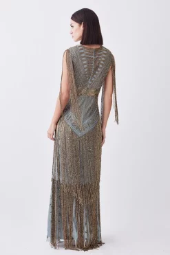 Best deal 🎁 Karen Millen Petite Beaded Fringed Woven Maxi 👗 Dress - sage 🤩 -Occasionwear Popular Store bkk08261 sage xl 2