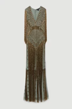 Best deal 🎁 Karen Millen Petite Beaded Fringed Woven Maxi 👗 Dress - sage 🤩 -Occasionwear Popular Store bkk08261 sage xl 3