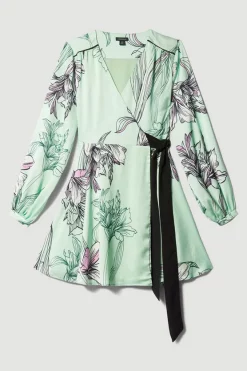 Cheapest 👏 Karen Millen Floral 🔨 Hammered Satin Woven Wrap Mini 👗 Dress - green 👍 -Occasionwear Popular Store bkk08264 green xl 3