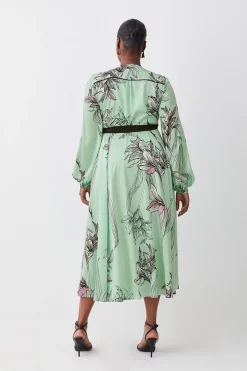 Best Pirce 💯 Karen Millen Plus Size Floral 🔨 Hammered Satin Woven Wrap Midi 👗 Dress - green ✔️ -Occasionwear Popular Store bkk08265 green xl 2