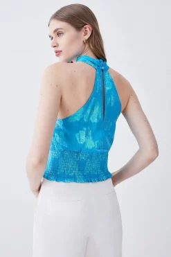 Discount 🛒 Karen Millen Metallic Iridescent Halter Blouse 🧨 -Occasionwear Popular Store bkk08287 blue xl 2