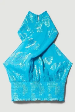 Discount 🛒 Karen Millen Metallic Iridescent Halter Blouse 🧨 -Occasionwear Popular Store bkk08287 blue xl 3