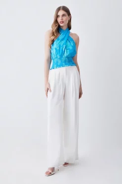 Discount 🛒 Karen Millen Metallic Iridescent Halter Blouse 🧨 -Occasionwear Popular Store bkk08287 blue xl 4