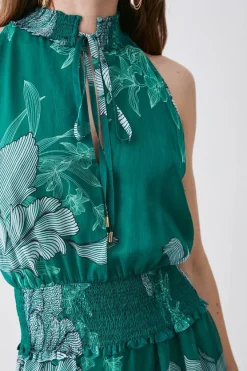Coupon 😉 Karen Millen Floral Bloom Shirred Halter Woven Mini 👗 Dress - green ⌛ -Occasionwear Popular Store bkk08313 green xl 2