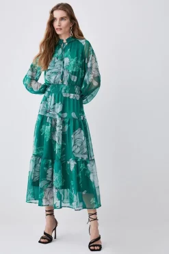 Brand new ✨ Karen Millen Floral Bloom Shirred Detail Woven Maxi 👗 Dress - green 🔥