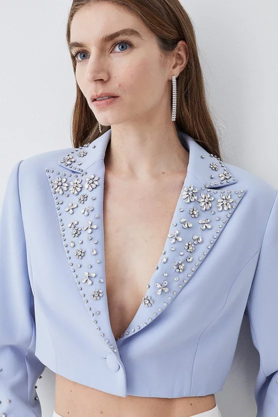New โ๏ธ Karen Millen Embellished Stretch Woven Cropped Jacket - blue ๐งจ 6 New โ๏ธ Karen Millen Embellished Stretch Woven Cropped Jacket - blue ๐งจ - Image 5