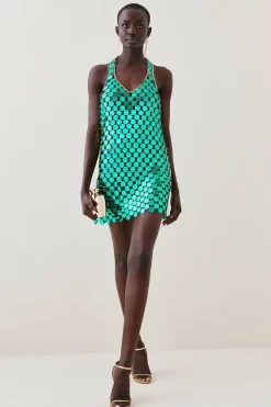 Budget 😀 Karen Millen Mirrored Disc Chain Halter Mini 👗 Dress 🔔
