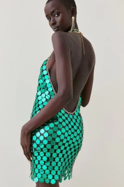 Budget 😀 Karen Millen Mirrored Disc Chain Halter Mini 👗 Dress 🔔 -Occasionwear Popular Store bkk08364 green xl 2