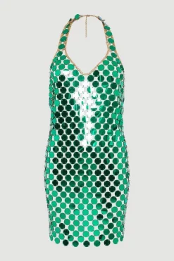 Budget 😀 Karen Millen Mirrored Disc Chain Halter Mini 👗 Dress 🔔 -Occasionwear Popular Store bkk08364 green xl 3