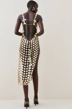 Budget 🤩 Karen Millen Mirrored Disc Side Split Maxi 👗 Dress 💯 -Occasionwear Popular Store bkk08365 gold xl 2