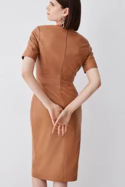 Cheapest 😀 Karen Millen Leather Short Sleeve Snaffle Trim Pencil Midi 👗 Dress ⭐ -Occasionwear Popular Store bkk08383 camel xl 2