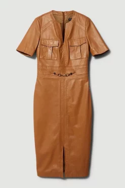 Cheapest 😀 Karen Millen Leather Short Sleeve Snaffle Trim Pencil Midi 👗 Dress ⭐ -Occasionwear Popular Store bkk08383 camel xl 3