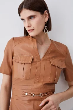 Cheapest 😀 Karen Millen Leather Short Sleeve Snaffle Trim Pencil Midi 👗 Dress ⭐ -Occasionwear Popular Store bkk08383 camel xl 4