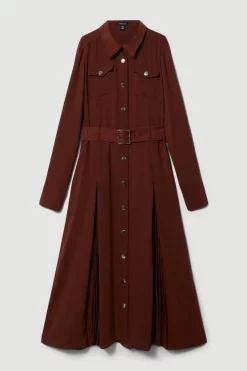 Budget 🔥 Karen Millen Soft Tailored Pleat Panel Sleeved Belted Midi 👗 Dress 🛒 -Occasionwear Popular Store bkk08384 chocolate xl 3