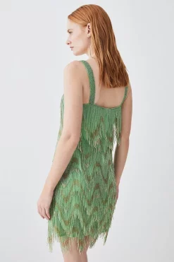 Discount 🎉 Karen Millen Square Neck Embellished Fringed Mini 👗 Dress - green 🎉 -Occasionwear Popular Store bkk08390 green xl 2