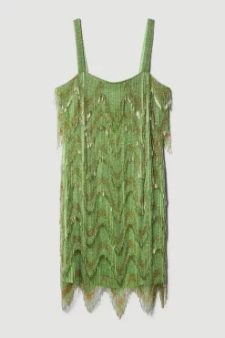 Discount 🎉 Karen Millen Square Neck Embellished Fringed Mini 👗 Dress - green 🎉 -Occasionwear Popular Store bkk08390 green xl 3