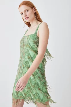 Discount 🎉 Karen Millen Square Neck Embellished Fringed Mini 👗 Dress - green 🎉 -Occasionwear Popular Store bkk08390 green xl 4