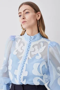 Best reviews of π Karen Millen Organdie Applique Buttoned Woven Blouse - blue π