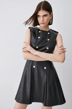 Budget 🔥 Karen Millen Leather Military Button Flippy Mini 👗 Dress 🌟 -Occasionwear Popular Store bkk08497 black xl 2