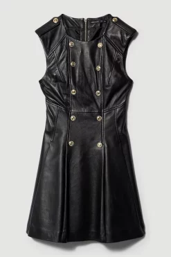 Budget 🔥 Karen Millen Leather Military Button Flippy Mini 👗 Dress 🌟 -Occasionwear Popular Store bkk08497 black xl 3