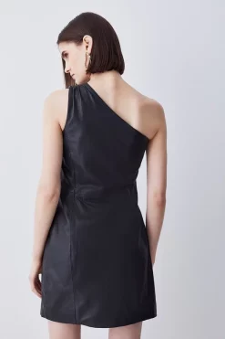 Hot Sale 🎉 Karen Millen Leather One Shoulder Mini 👗 Dress 👏 -Occasionwear Popular Store bkk08503 black xl 2