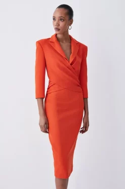 Best Pirce 🥰 Karen Millen Tall Compact Crepe Wrap Waist Pencil Midi 👗 Dress - orange 😍