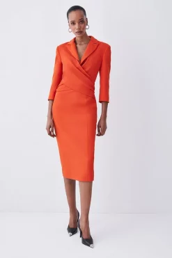Best Pirce 🥰 Karen Millen Tall Compact Crepe Wrap Waist Pencil Midi 👗 Dress - orange 😍 -Occasionwear Popular Store bkk08592 orange xl 4